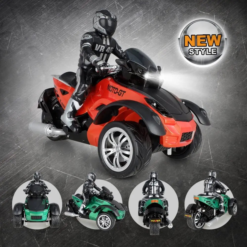 1:10 Scale Vehicle 2.4GHz High Speed Three Wheel RC MotoHawk Motorcycle Toys ATV Road Racer with LED Headlights Toy Gift for Kid