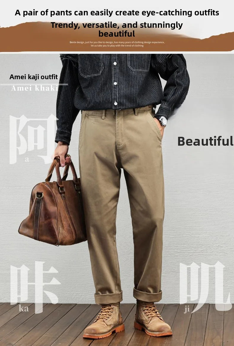 Men's Vintage Straight Leg Cotton Workwear Trousers — Loose Fit Retro Pants for Autumn & Winter