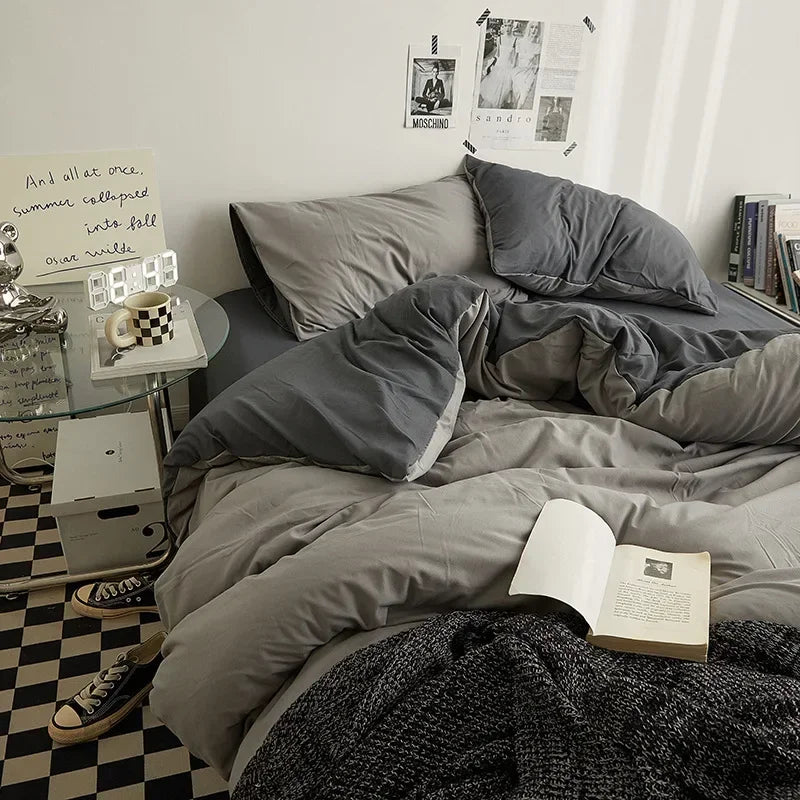 Solid Color Washed Cotton Bedding Set – 4-Piece Duvet Cover, Bed Sheet & Pillowcases, Twin to King