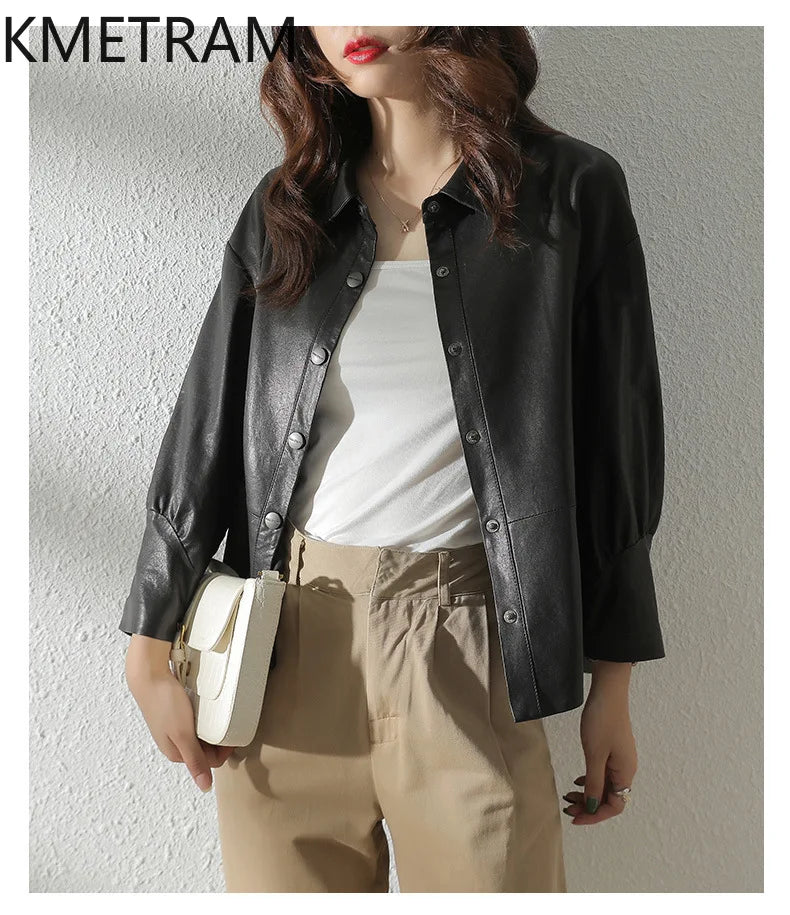Women's Sheepskin Leather Jacket – Black or Matcha