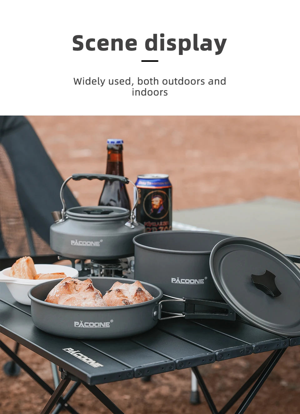PACOONE Camping Cookware Set — Portable Outdoor Pot, Pan, Kettle & Tableware Kit