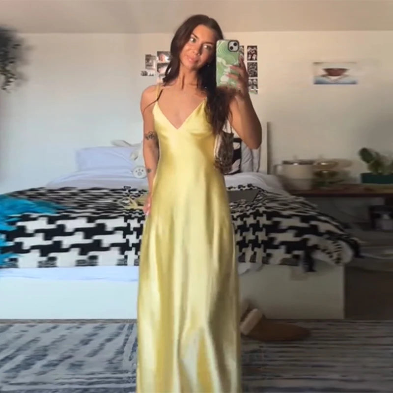 Butter Yellow Satin Bias Cut Lace Patchwork Midi Dress – V-Neck Backless Y2K Party Dress