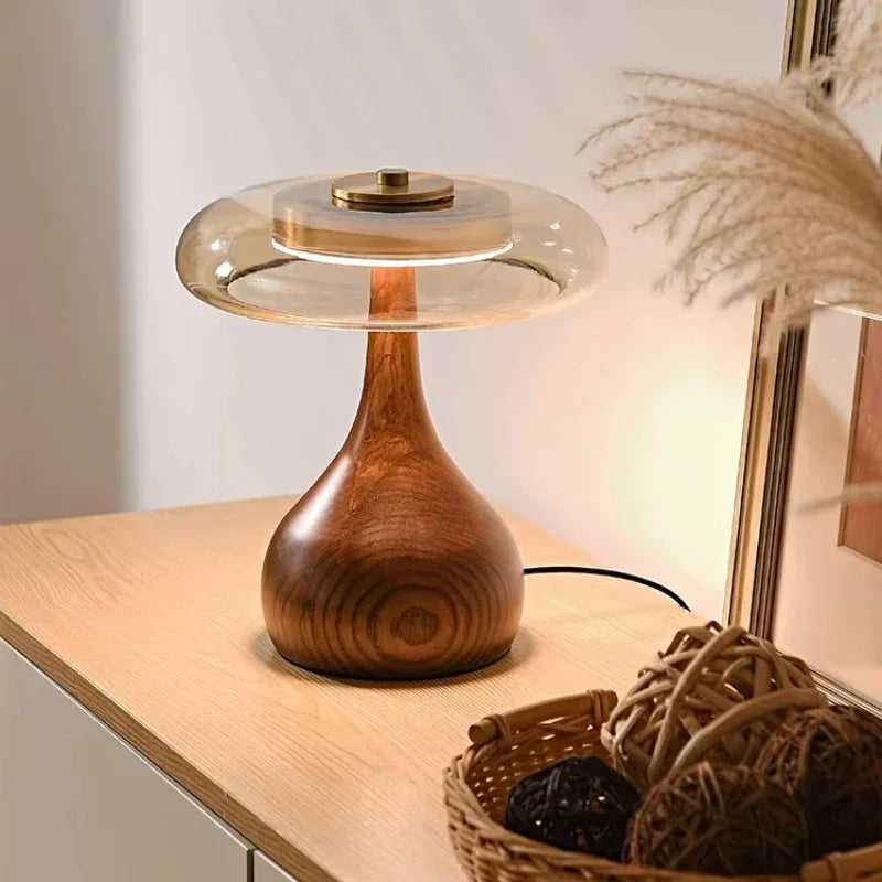 Retro Glass Table Lamp – Sculpted Wood-Look Base