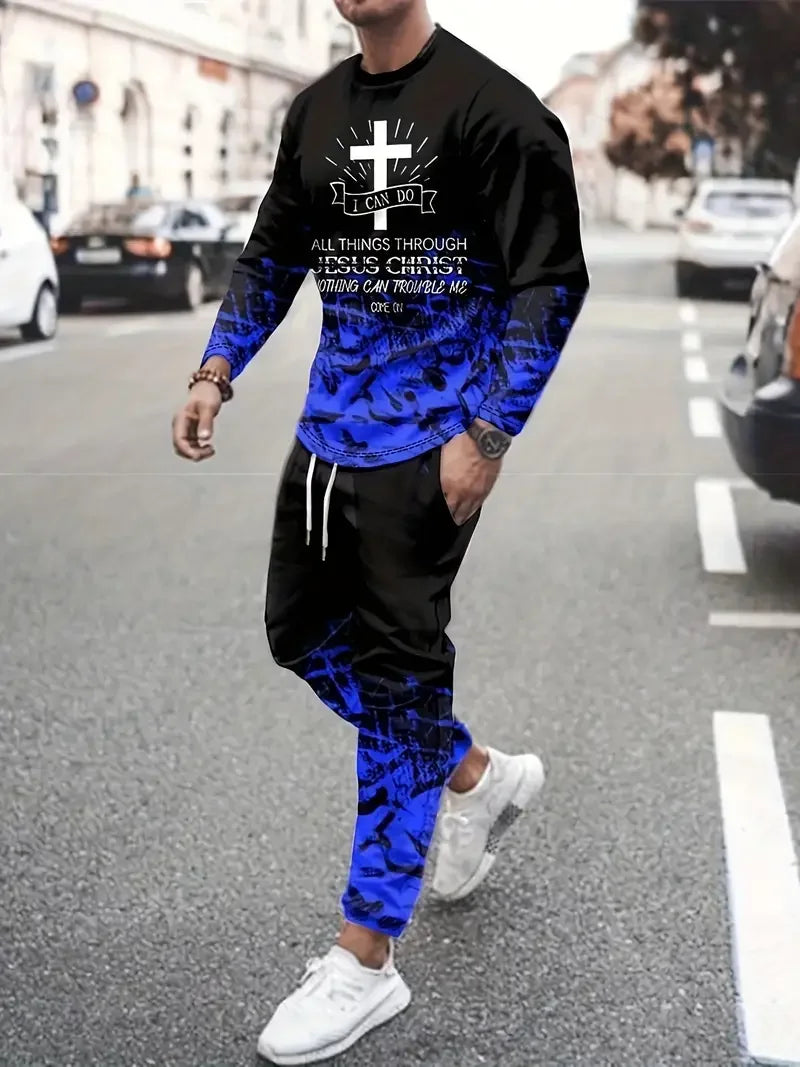 Men's 3D Print Long Sleeve T-Shirt & Jogger Pants Street Tracksuit