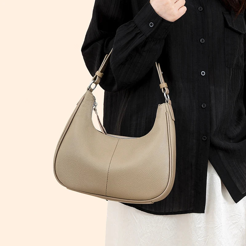 100% Genuine Cowhide Leather Half-Moon Underarm Tote Bag – Crossbody Shoulder Bag for Women