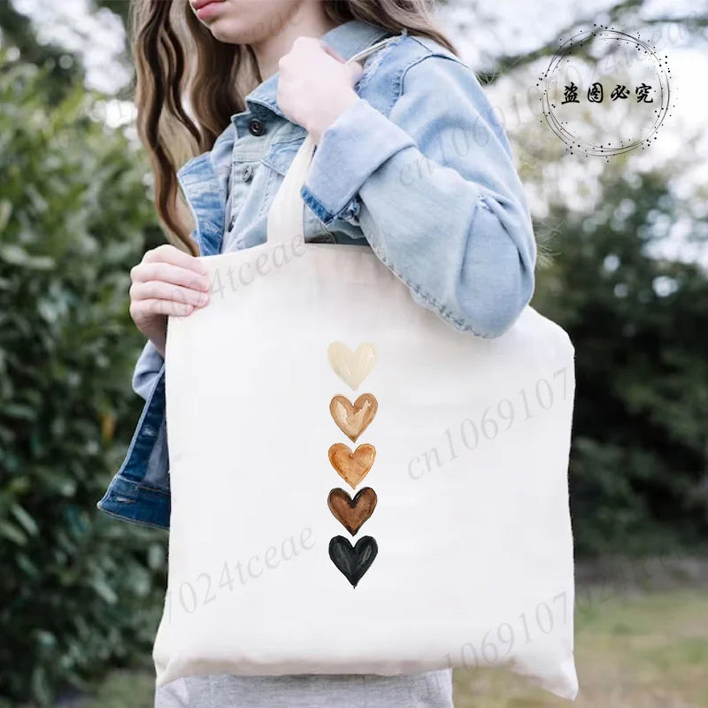 Large Capacity Canvas Shoulder Bag – Harajuku Watercolor Heart Print Shopper Tote