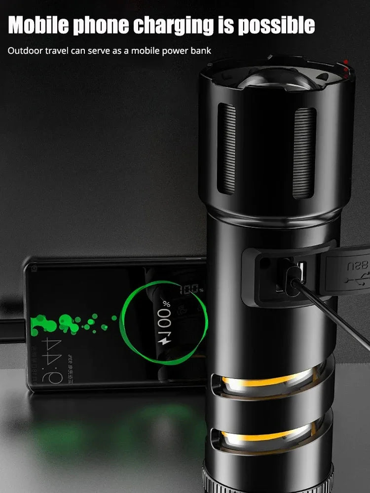 XHP360 Military-Grade 2-in-1 Super High Power Flashlight – 36-Core Zoomable Waterproof Rechargeable Torch with Safety Hammer