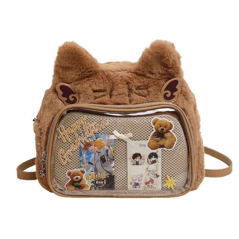 Furry Plush Kawaii Cat Ita Backpack – Cute Student Crossbody Bag for Women