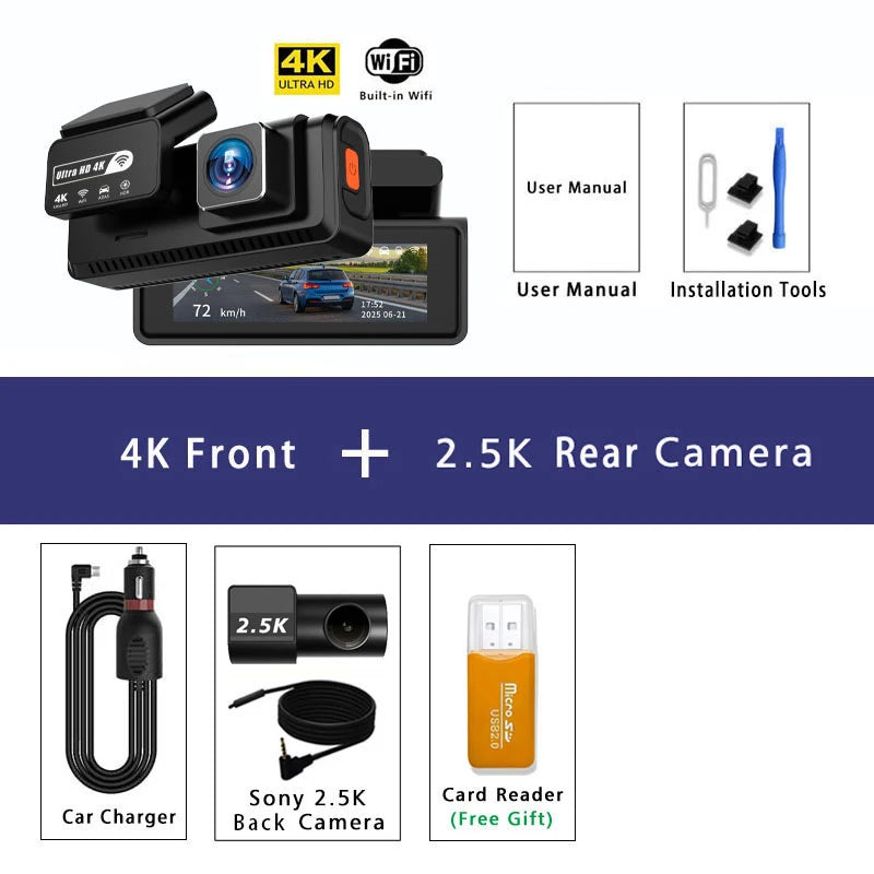 ADAS 4K+2.5K Dash Cam – GPS, WiFi, 24H Night Vision, Optional Rear Lens, Mini Car DVR