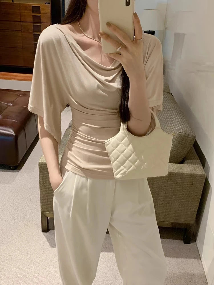 Women's Slash Neck Flare Sleeve Slim Pleated T-Shirt – Sexy Solid Color Pullover Top