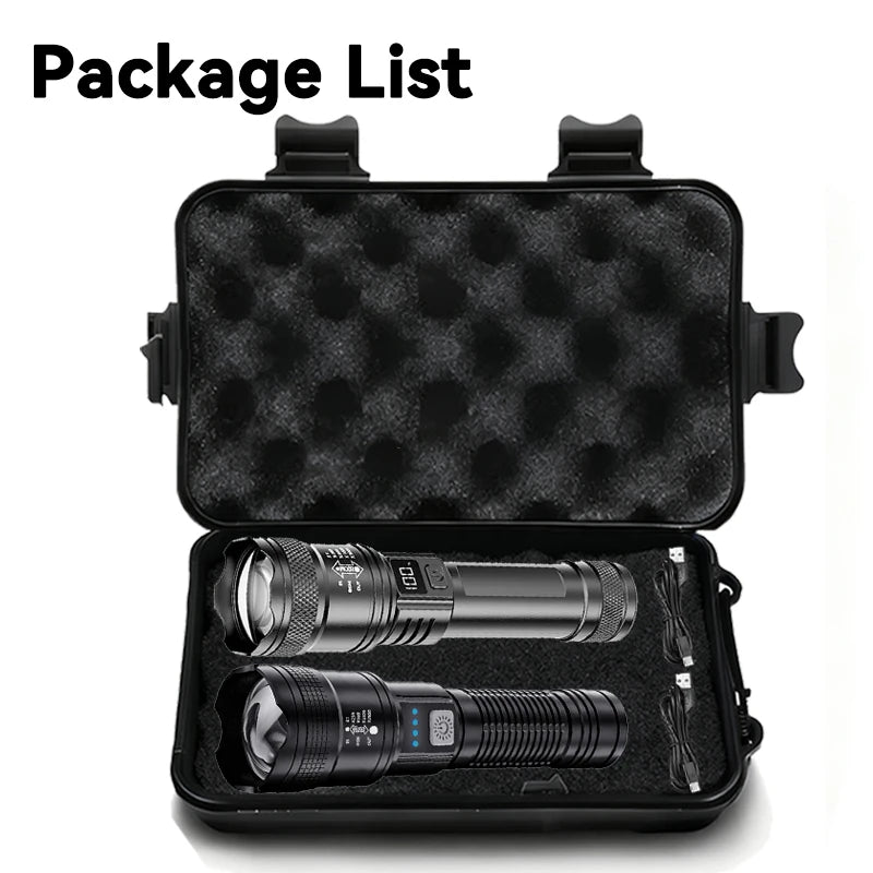 2000LM LED Tactical Flashlight with Power Display – USB Rechargeable Zoomable Camping Torch