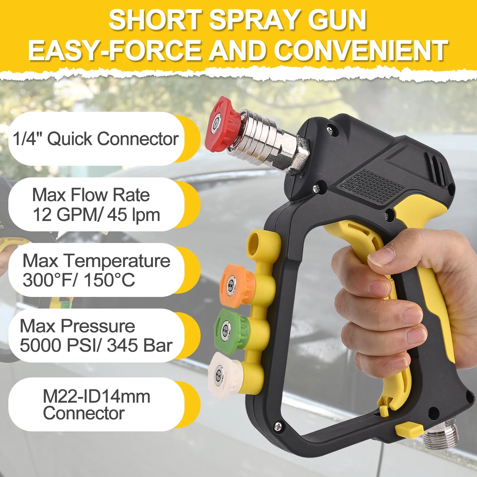5000PSI Short Pressure Washer Gun – M22-ID14mm Inlet, 1/4" Quick Connector & 4-Slot Nozzle Holder, Foam Cannon Compatible
