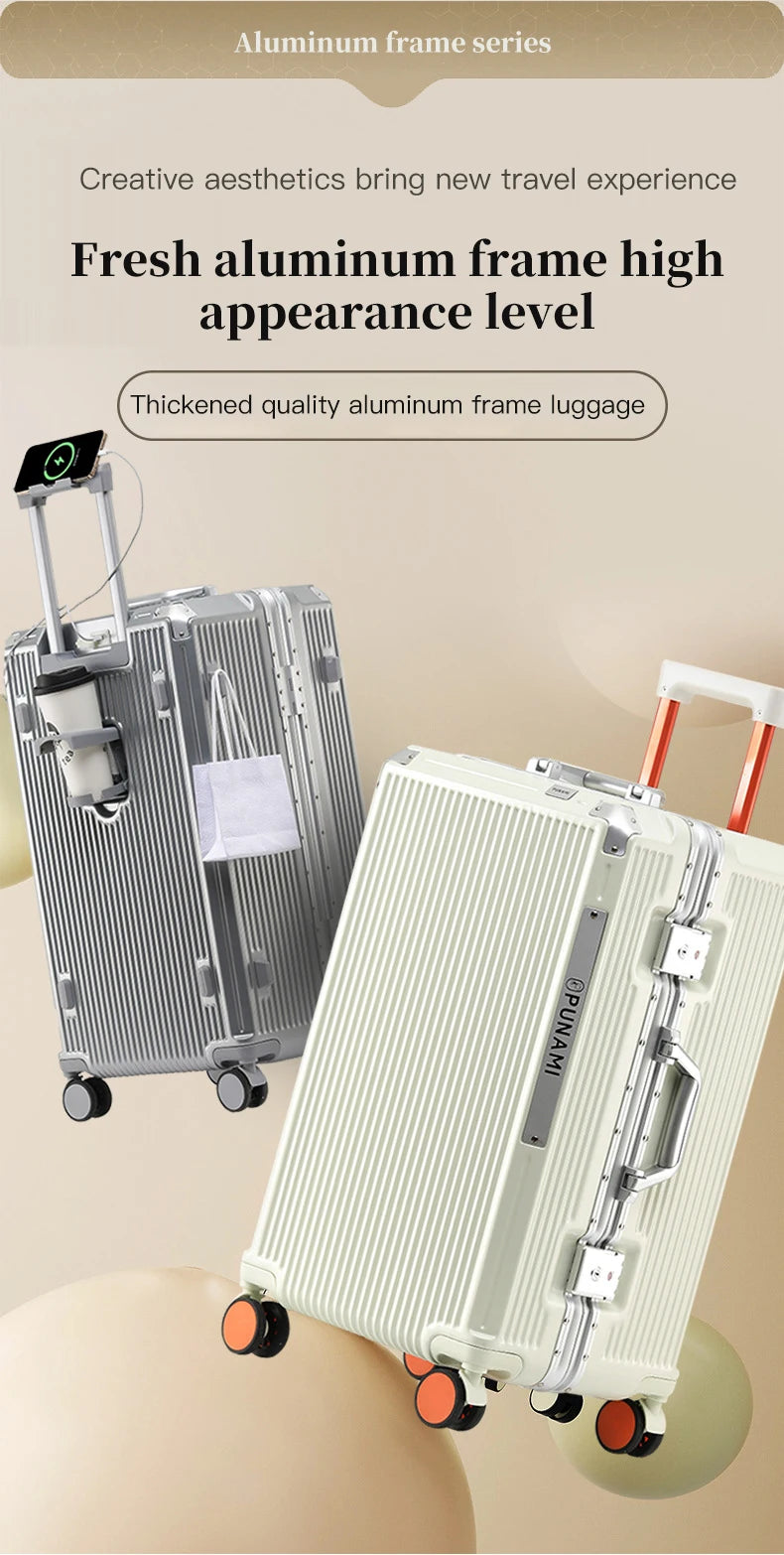 sushimu Suitcase Wide Handle Travel Suitcase Men 20 24 26 Carry-On Luggage Women PC Aluminum Frame Trolley Case