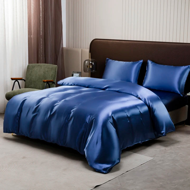 Luxury Ice Silk Satin Bedding Set – Solid Color Duvet Cover with Pillowcases, Queen & King