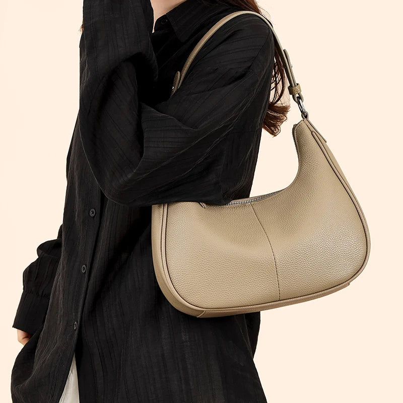 100% Genuine Cowhide Leather Half-Moon Underarm Tote Bag – Crossbody Shoulder Bag for Women