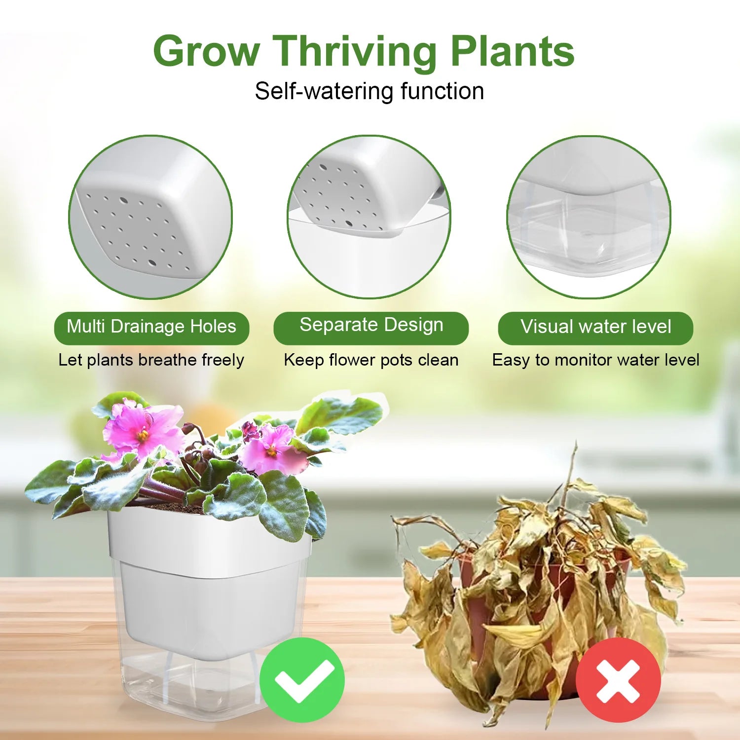 Double-Deck Self-Watering Planter Pot — Magnetic Plastic with Cotton Wick for Indoor & Garden Use