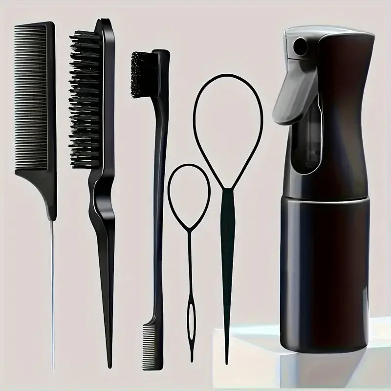 6-Piece Hair Brush Set – Spray Bottle, Braiding Loop, Rat Tail Comb & Edge Control Brush