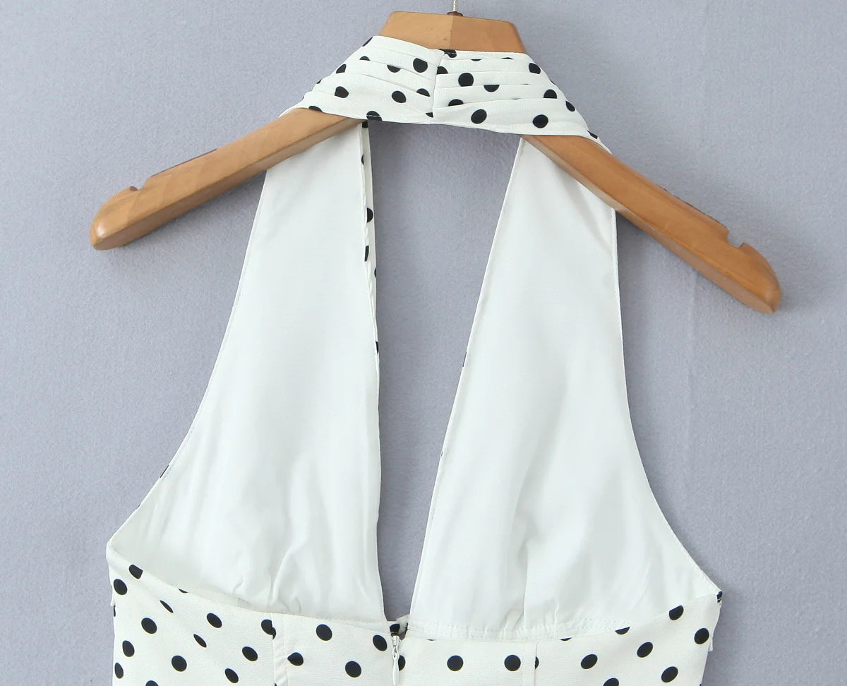 Retro Polka Dot Deep V Halter Mini Dress — Backless A-Line Slim Summer Dress