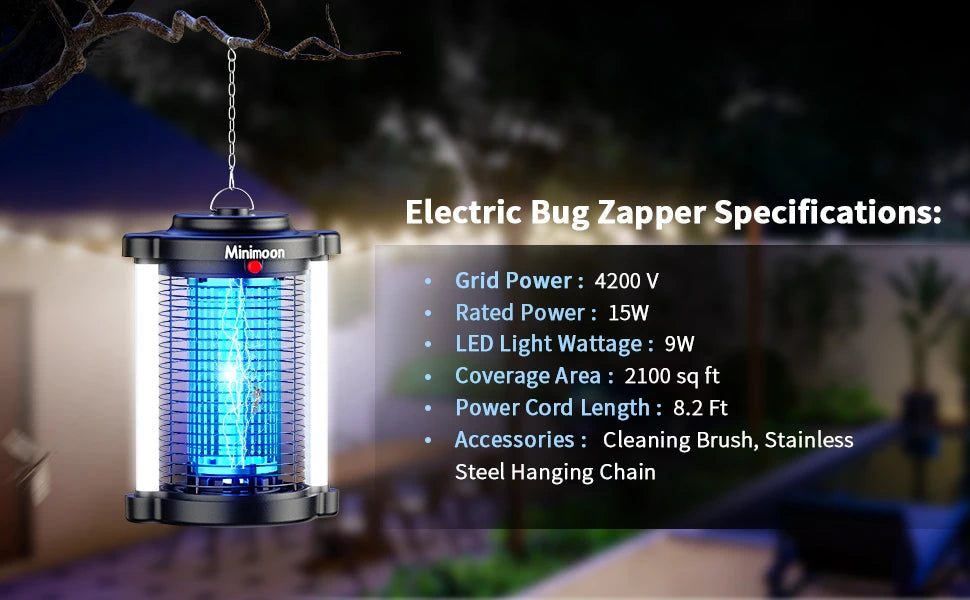 Outdoor Bug Zapper 4200V 15W — LED Mosquito Zapper & Electric Fly Trap for Yard & Backyard