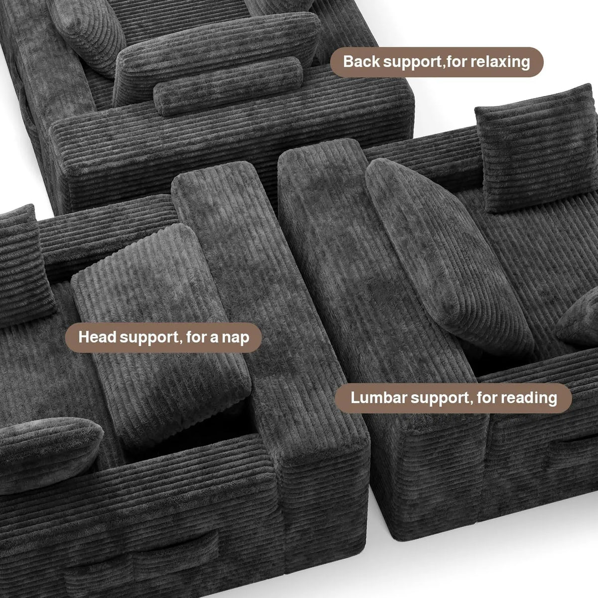 67-Inch Gray Corduroy Chaise Lounge with 3 Pillows