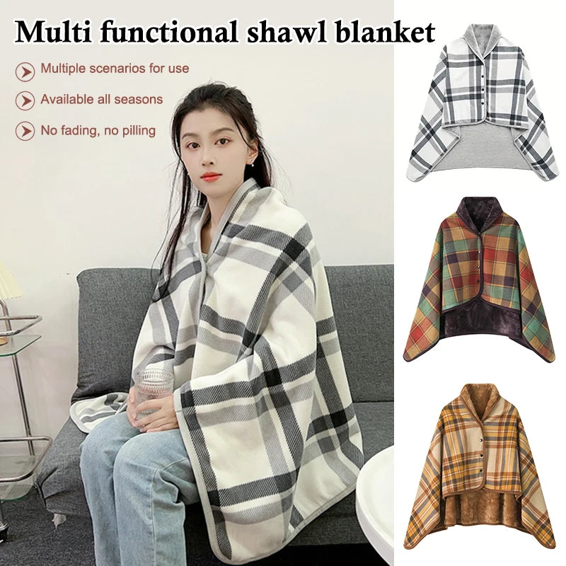 Wearable Plaid Fleece Blanket with Button – Thick Warm Throw for Sofa, Bed, Travel & Office