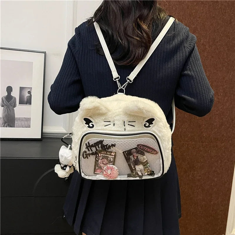 Furry Plush Kawaii Cat Ita Backpack – Cute Student Crossbody Bag for Women