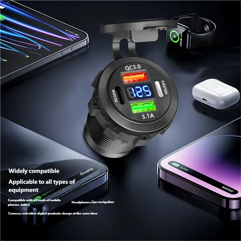 Car USB Charger with Voltmeter – PD3.0 & QC3.0 Fast Charging Socket for Motorcycle, Boat & Auto (12/24V)