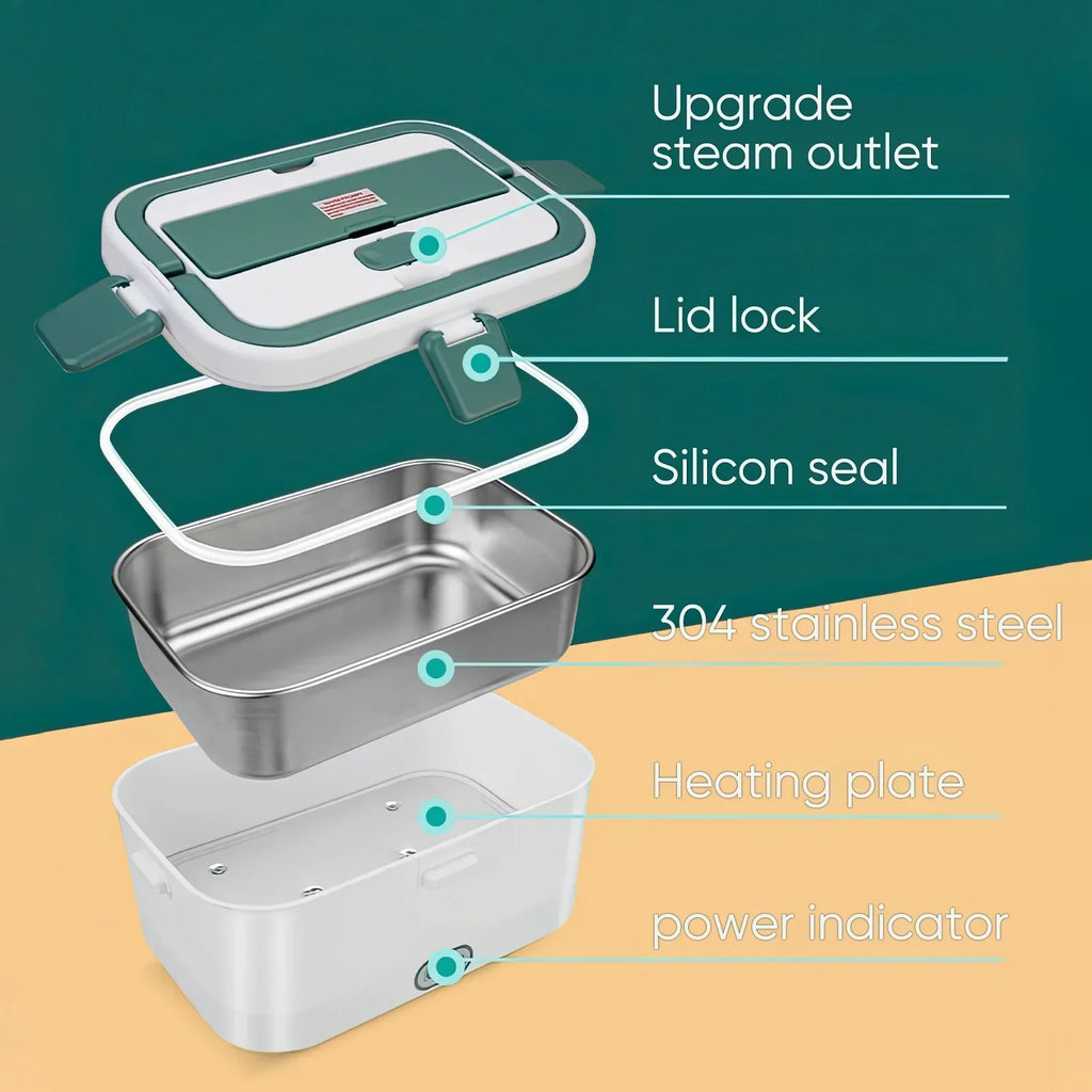Stainless steel steamer with labeled components on a green and beige background