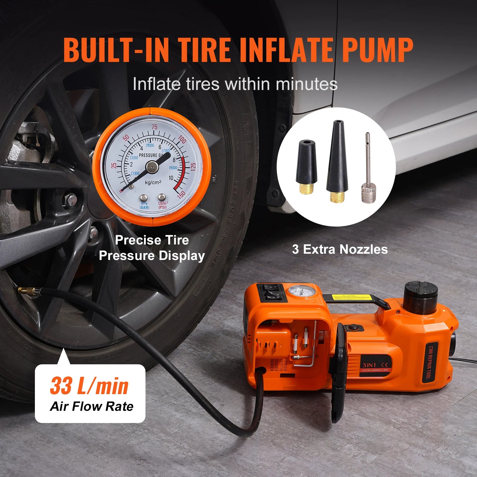 SucceBuy 5-Ton Electric Hydraulic Car Jack — Built-In Tire Inflator, LED Light, 13ft Cord for SUV, Truck & Car