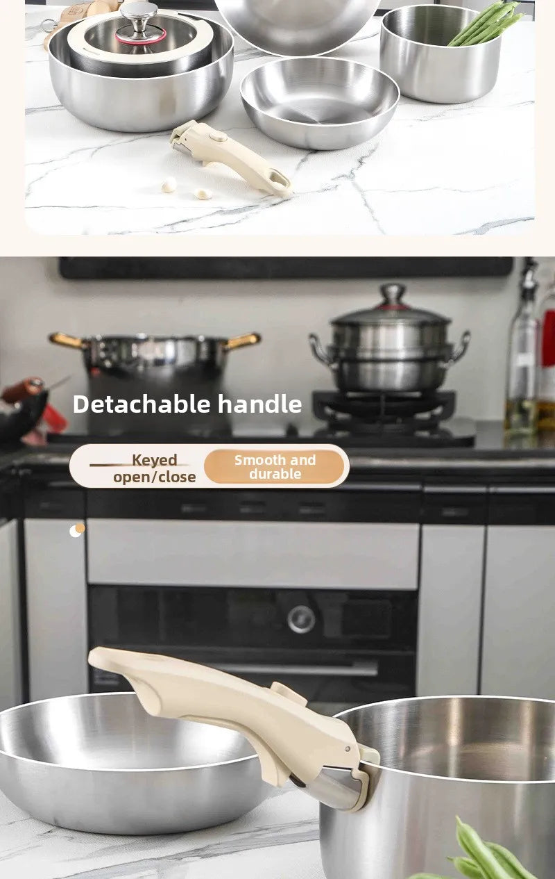 Pot and Cooking Set 316 Stainless Steel Household Full Set Six-Piece Pot Set, Detachable Handle, Uncoated Frying and Frying Wok