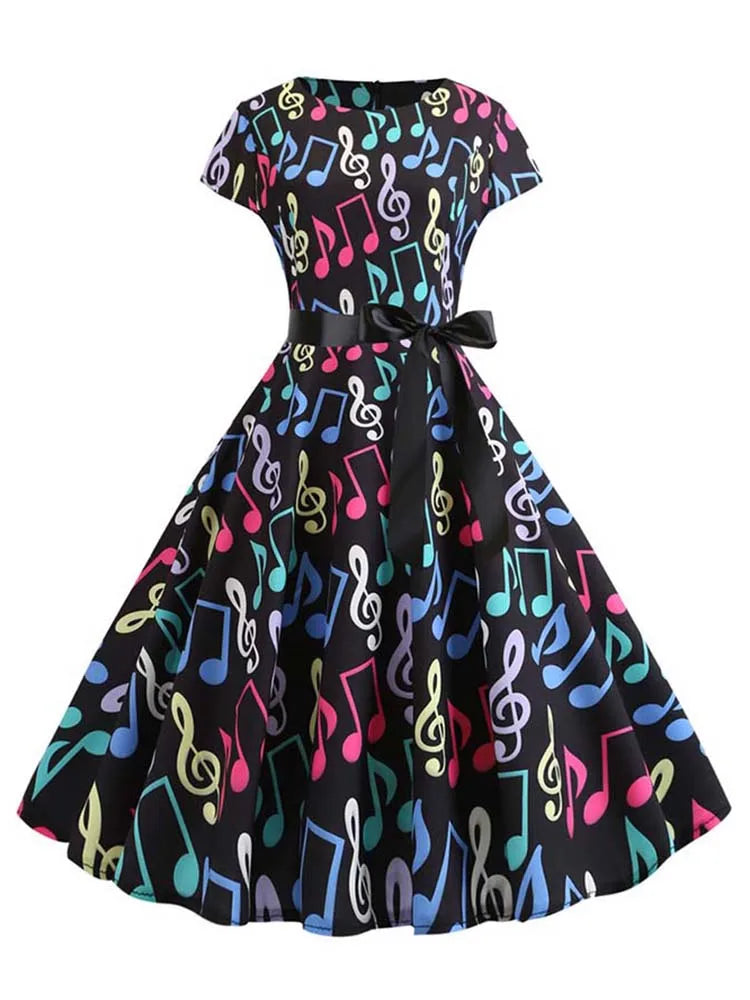 50s 60s Retro Music Note Print Swing Vintage Dress — Casual Party Rockabilly Dress