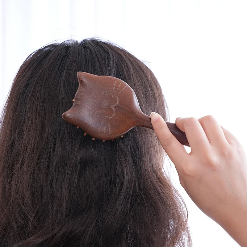 Cartoon Cat Wooden Scalp Massage Comb — Gua Sha Hair & Scalp Stimulator
