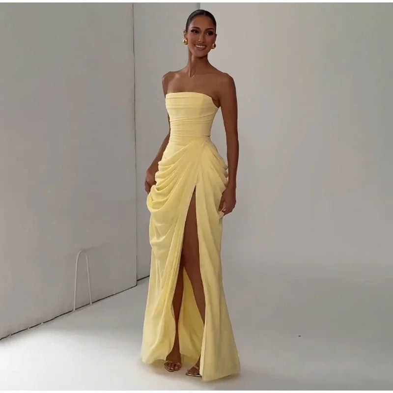 Sexy Strapless Pleated Maxi Dress – Off-Shoulder Backless High Waist Split Evening Party Gown