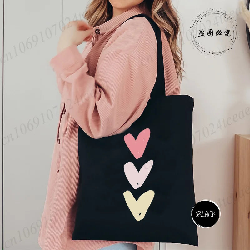 Large Capacity Canvas Shoulder Bag – Harajuku Watercolor Heart Print Shopper Tote