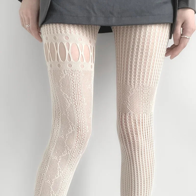Gothic Fishnet Pantyhose – Ripped Lace Silk Stockings Y2K Punk Hollowed-Out Retro Tights