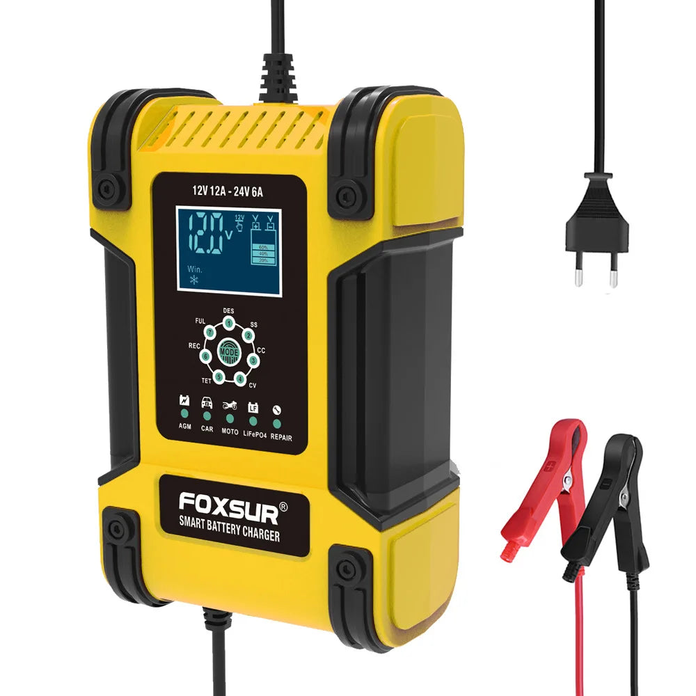 Foxsur Automatic Car Battery Charger 12V 12A – Digital Display Pulse Repair for Wet Dry Lead Acid Batteries