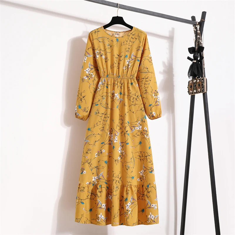 Women Long Dresses Spring Summer Casual Full Sleeve Floral geometry Printed O neck Woman Bohe Beach Party Dress Mujer Vestidos
