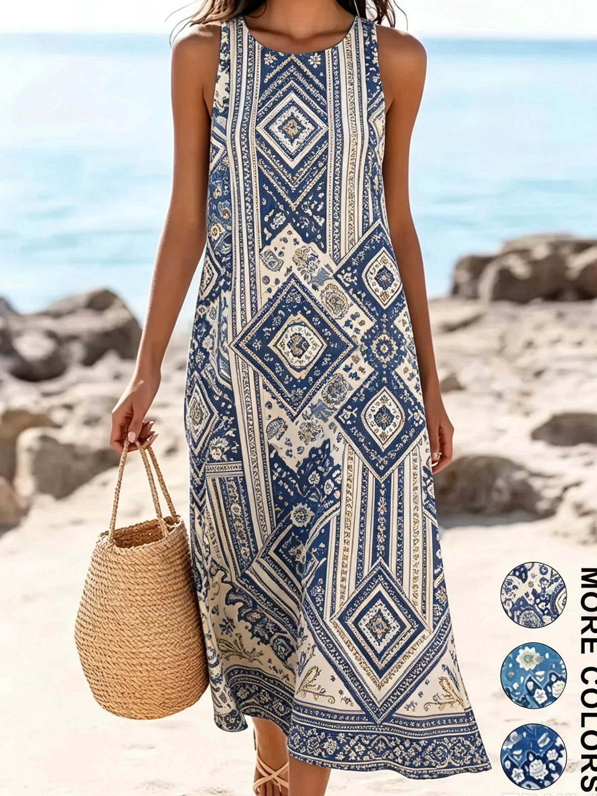 Women's Bohemian Floral Sleeveless MIDI Sundress with Pockets – Loose Sweetheart Beach Dress 2026