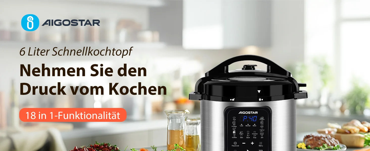 Aigostar 6L 18-in-1 Electric Pressure Cooker – Non-Stick, Keep Warm, Digital Touchscreen, 1000W