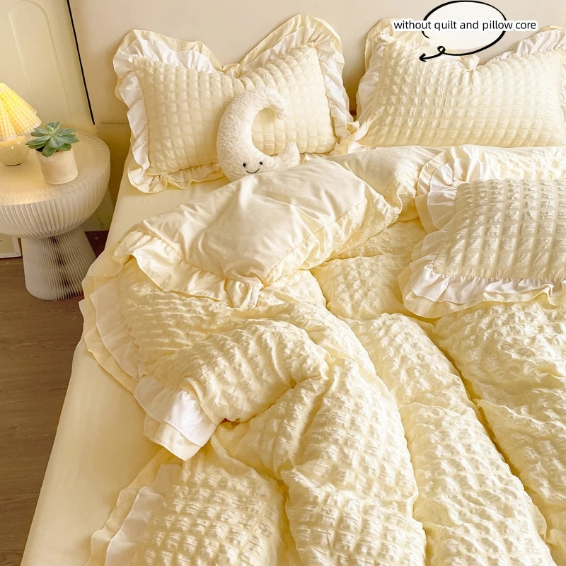 Korean Seersucker Lace Duvet Cover Set – 3-Piece Bedding, 3 Colors & 10 Sizes