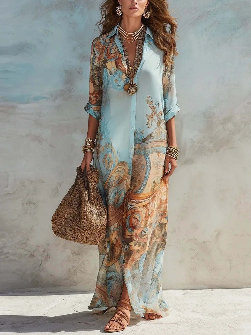 Chiffon Digital Print Shirt Dress — Turndown Collar Boho Flowy Casual Dress
