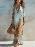 Chiffon Digital Print Shirt Dress — Turndown Collar Boho Flowy Casual Dress