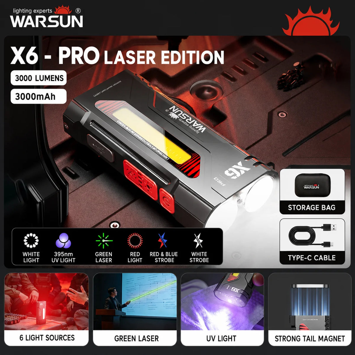 WARSUN X6 Pro Rechargeable LED Flashlight – Ultra-Bright Magnetic Work Light for Car Repair & Camping