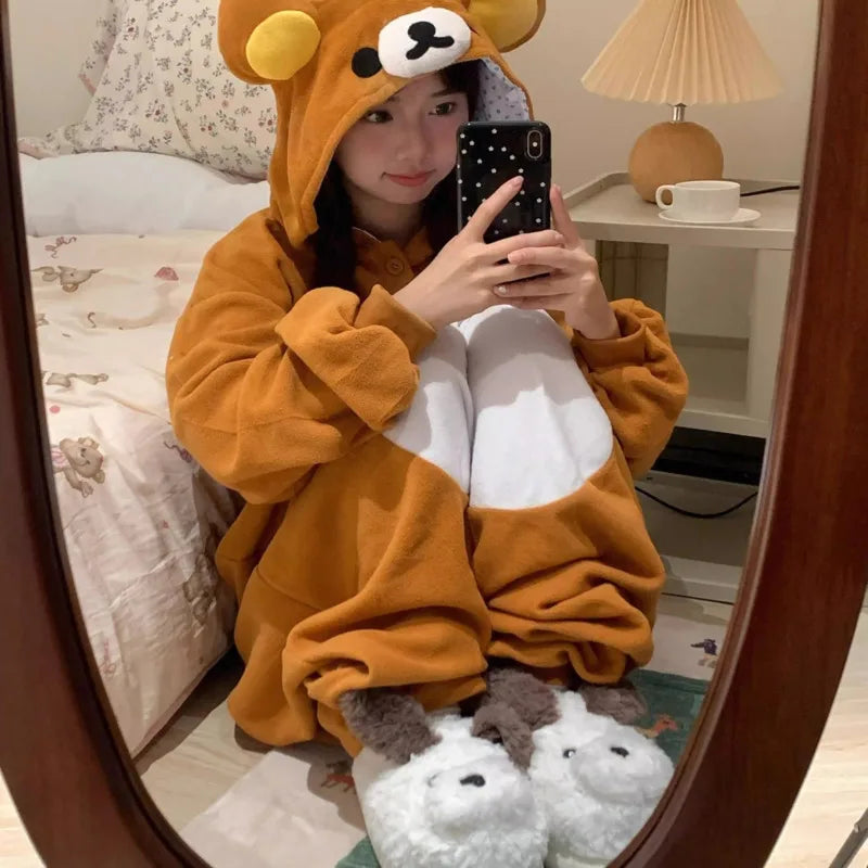 Women's Rilakkuma Bear Hooded Onesie Pajamas | Warm Cartoon Fleece Jumpsuit