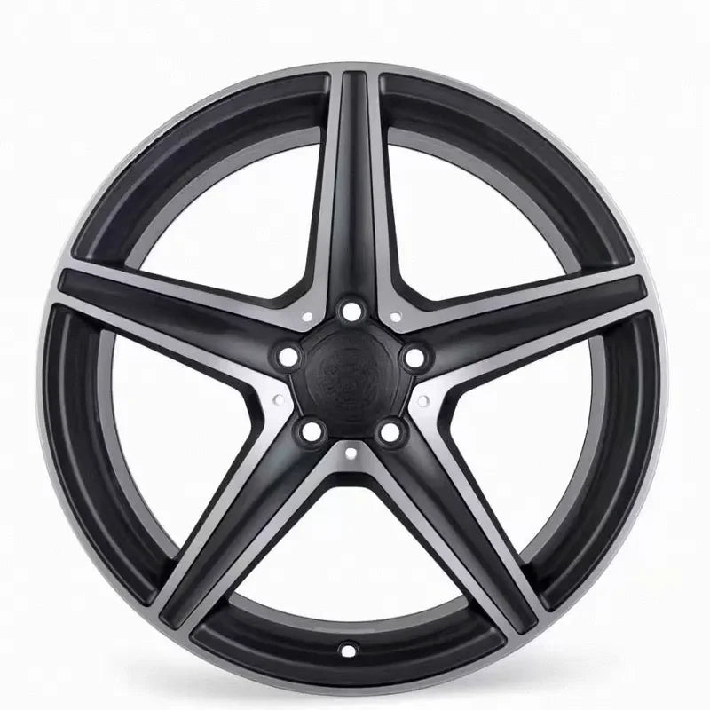 A multi-spoke alloy car wheel rim in a dark gunmetal gray finish, shown from a front-facing perspective on a clean white background.