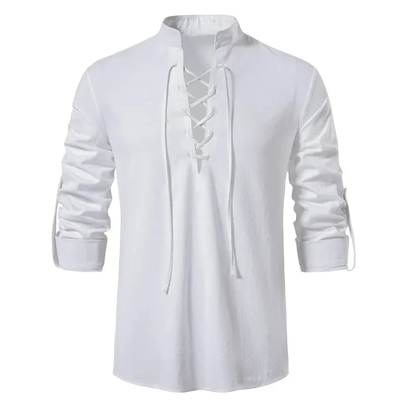 Men's Cotton Linen Drawstring Long Sleeve Shirt — Vintage Casual US Size Top