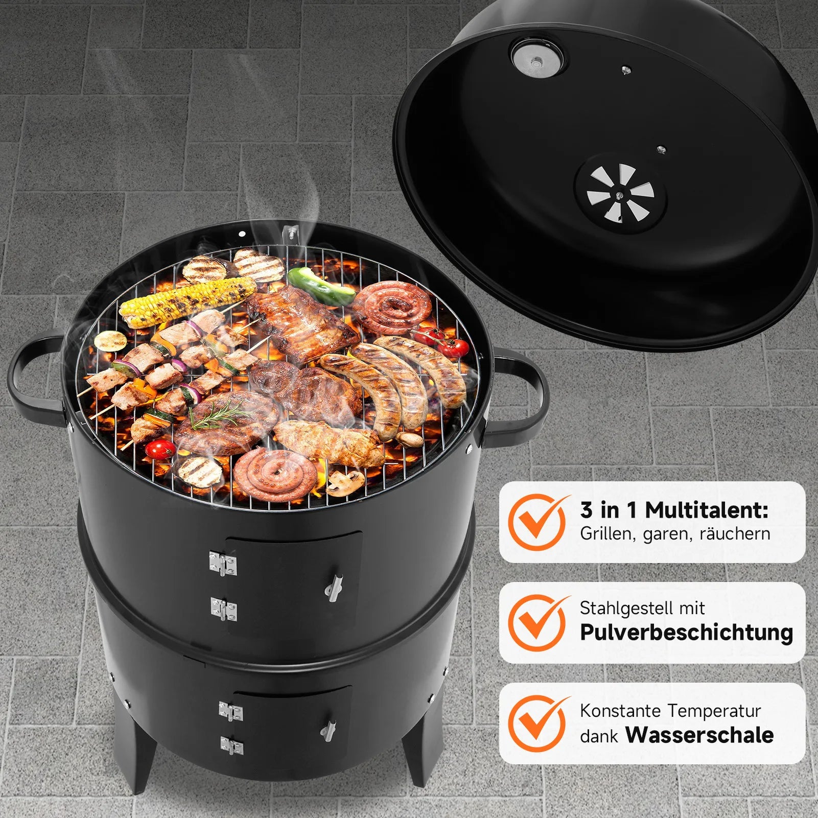 3-in-1 Vertical Portable Smoker Grill | 400 Sq. In., Detachable 2-Layer Design, Built-in Thermometer, Camping & Backyard BBQ