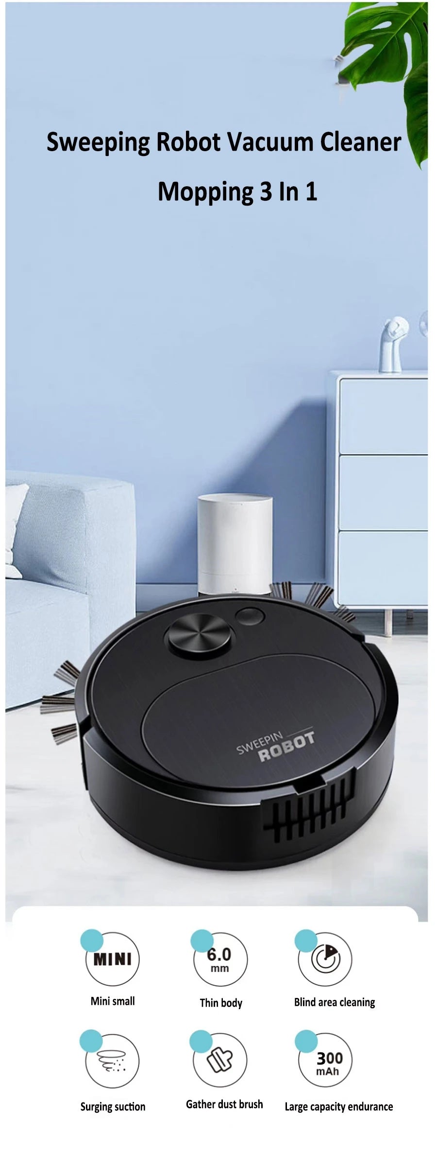 Mini Robot Vacuum Cleaner — 3-in-1 Sweep, Mop & Vacuum, 1500Pa, USB Charging, 20-Min Runtime
