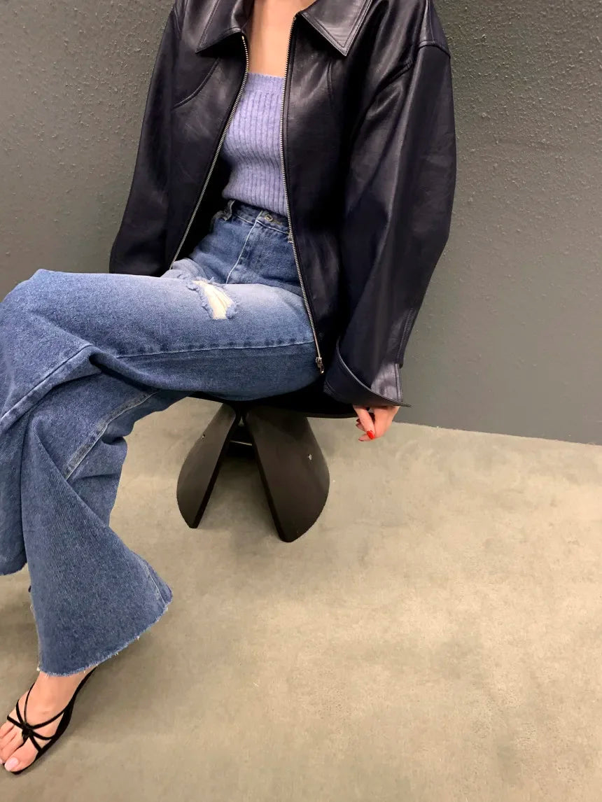 Women's Cropped Faux Leather Jacket – Lapel Zip Front