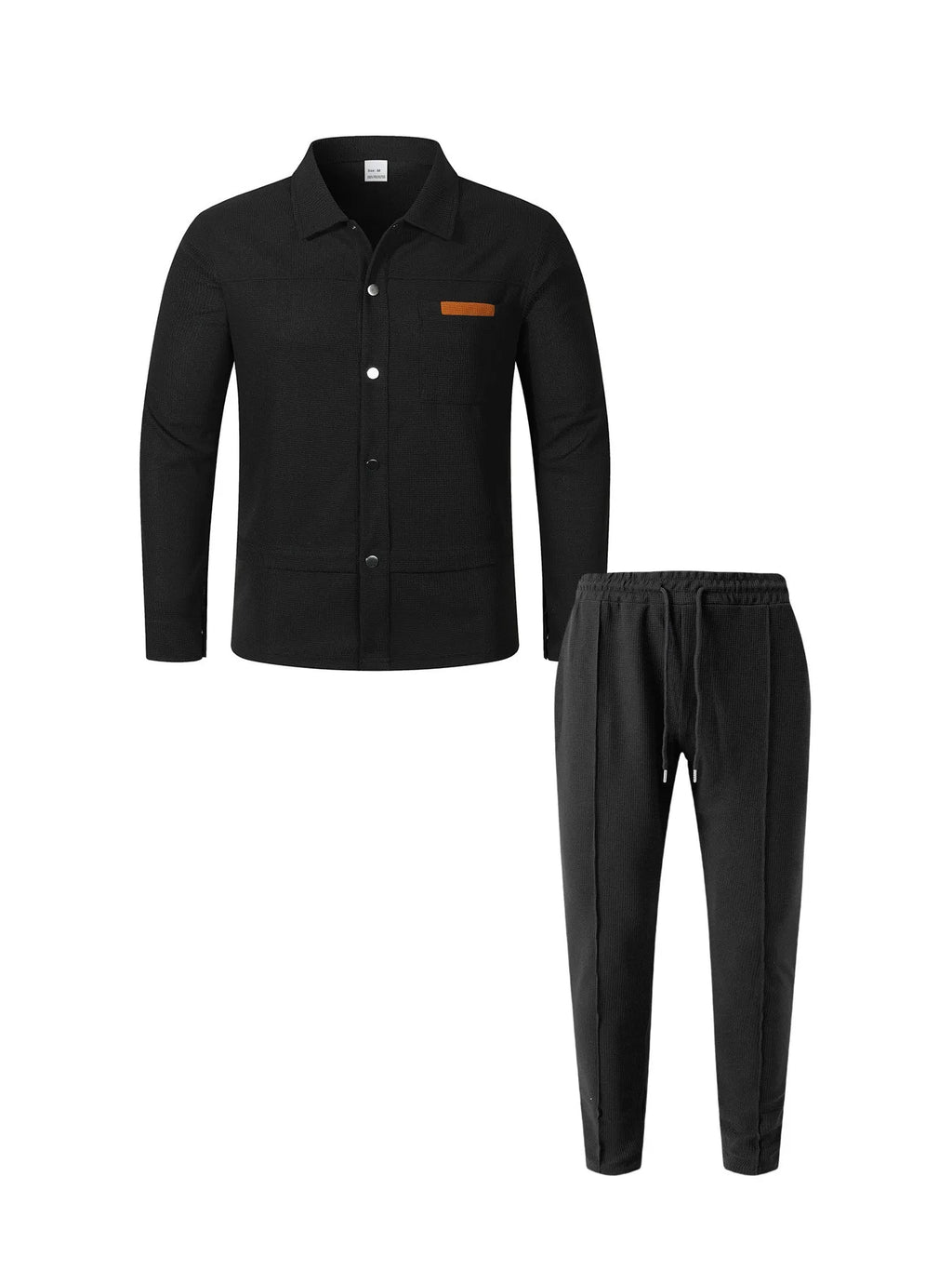 Men's Waffle Knit Button-Down Long Sleeve Jacket & Pants Set – Plain Color Casual Suit